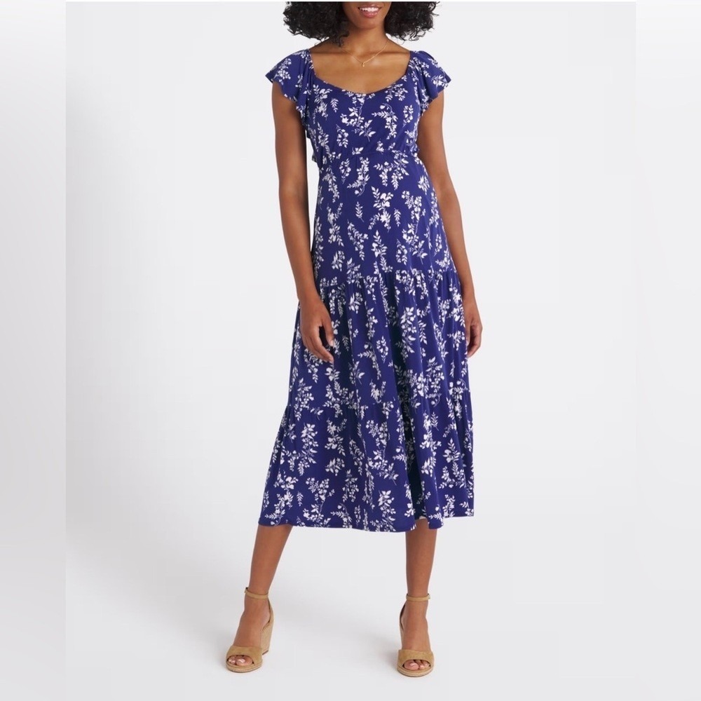GILLI Chita Flutter Sleeve Maternity Knit Dress Woman's Medium Navy Blue Floral